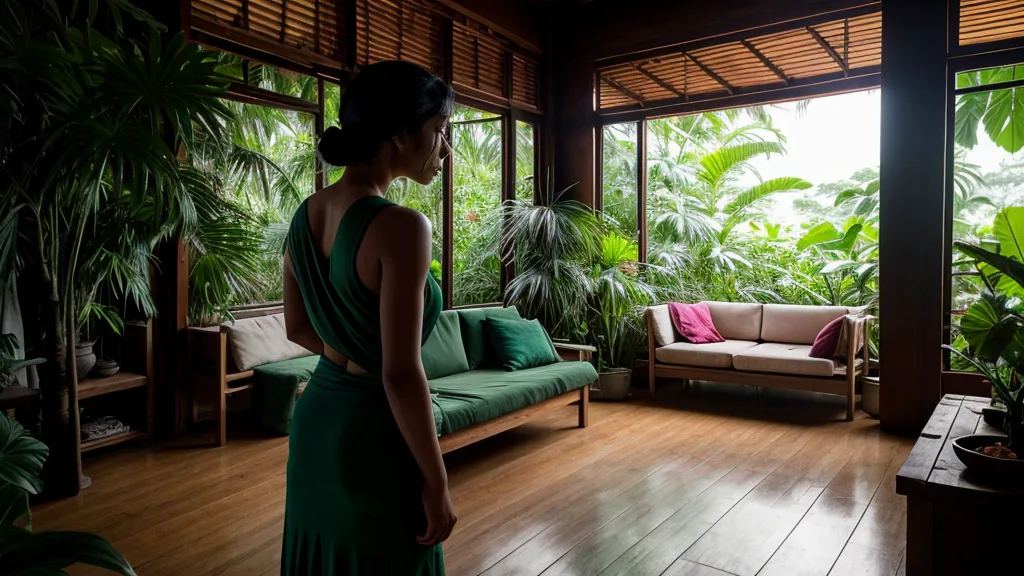 Vista de la lluvia sobre plantas tropicales desde la ventana, la calma después de nombrar el nudo en la garganta