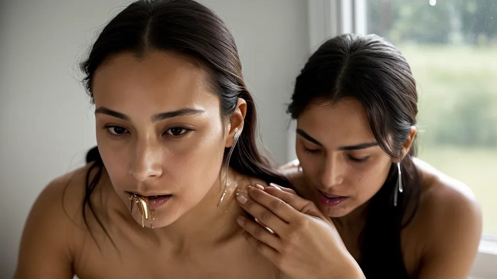 Reflejo de una mujer masajeando sus mejillas frente al espejo del baño