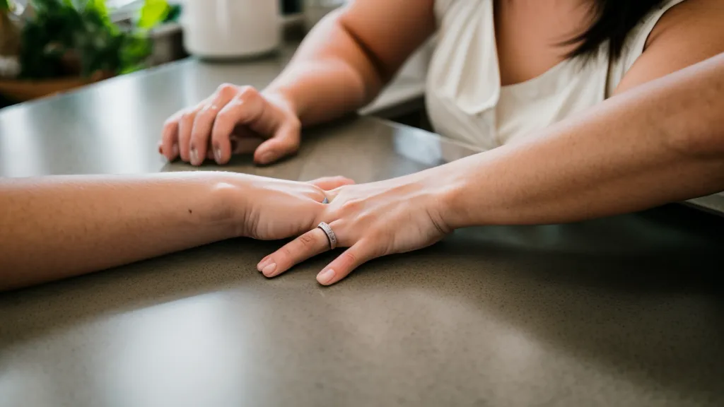 Manos de mujer sobre mesada de cocina junto a café frío expresando ansiedad