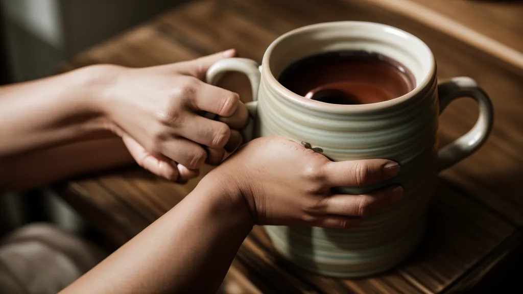 Primer plano de una mano tensa sosteniendo una taza en una mesa de madera