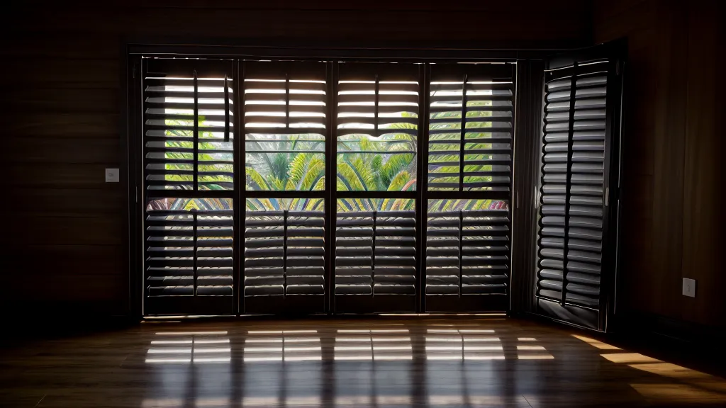 Vista a través de persianas de madera hacia un jardín soleado en Paraguay