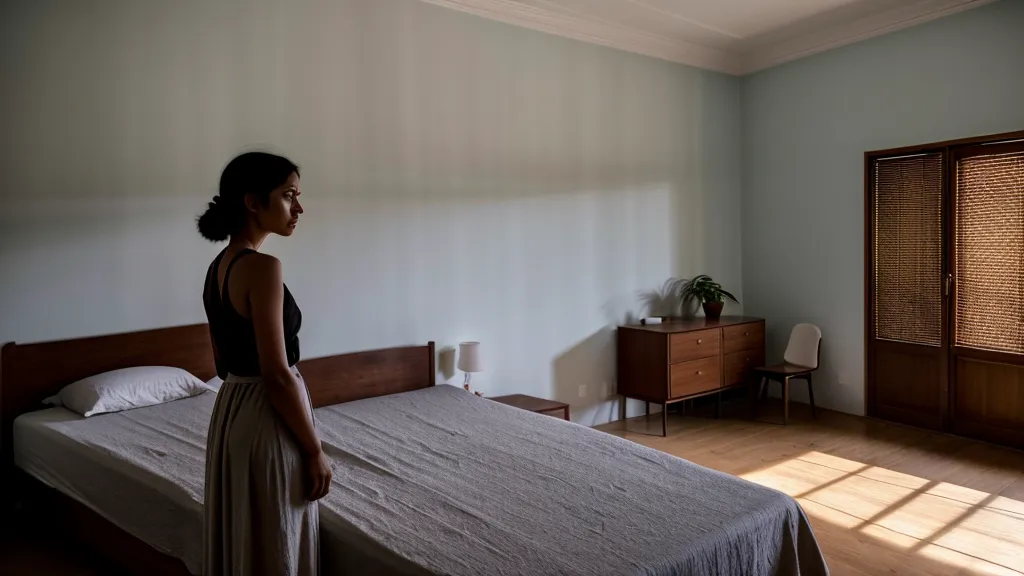 Mujer con la mano en el estómago mirando por la ventana, el cierre en el estómago que llega con la ansiedad relacional y no deja concentrarse