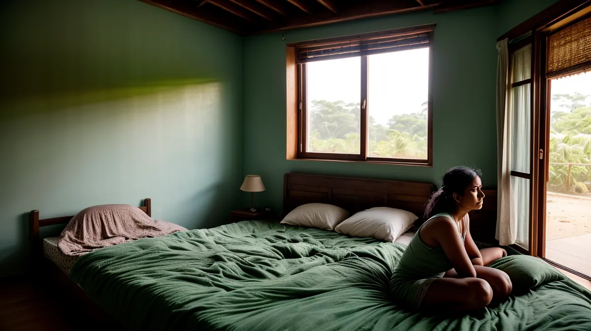Mujer sintiendo hinchazón abdominal por estrés de pareja durante la cena en su casa