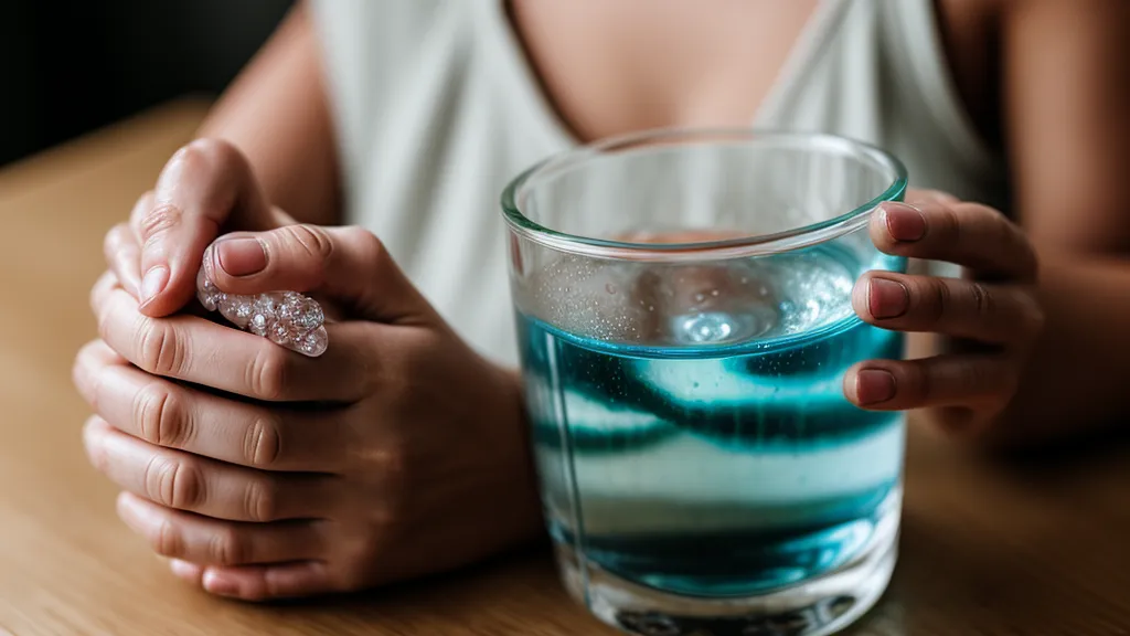 Primer plano de manos apretando un vaso de agua en una cocina bajo luz tenue