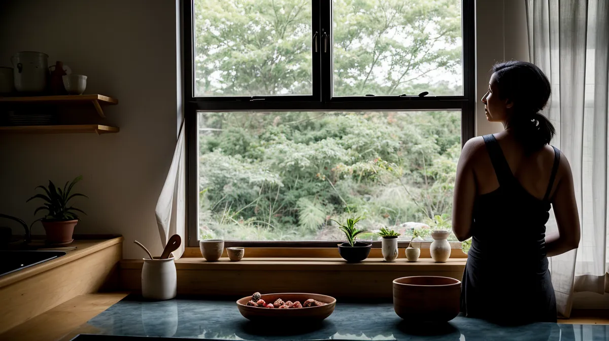 Mujer conversando con su marido en la cocina de casa, escena sobre comunicación matrimonial y ansiedad relacional