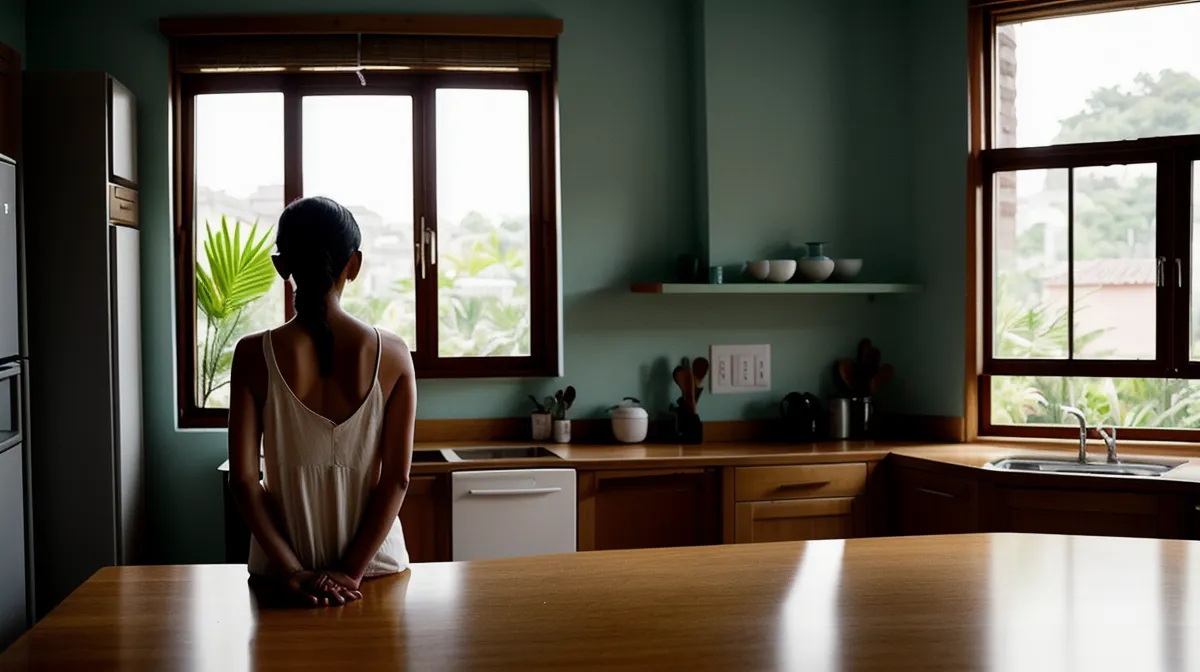Mujer mirándose al espejo con tic en el ojo por estrés matrimonial y ansiedad relacional