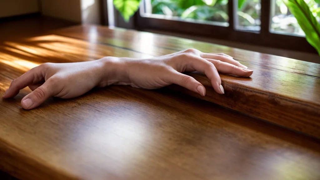 Mano de mujer sobre una mesada de cocina junto a un vaso de agua.