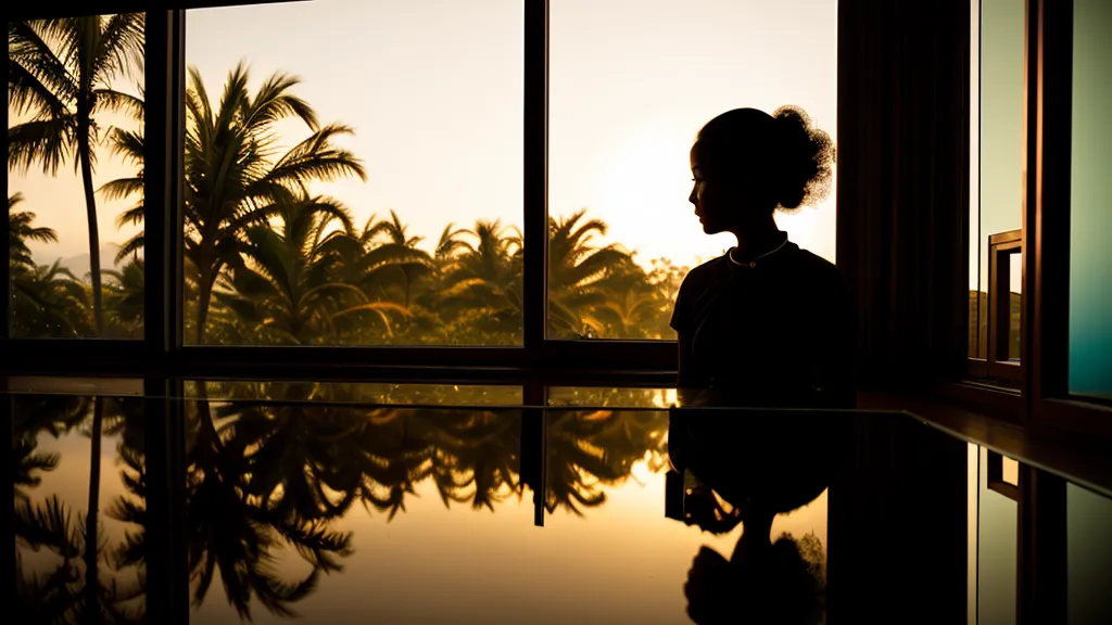 Silueta reflejada en una ventana mirando hacia plantas tropicales en un momento de calma.