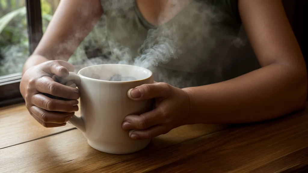 Manos apretando una taza de té sobre una mesa de madera rústica