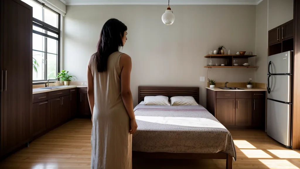 Mujer con la mano en el pecho mirando por la ventana, calma después de la ansiedad nocturna y el sudor frío