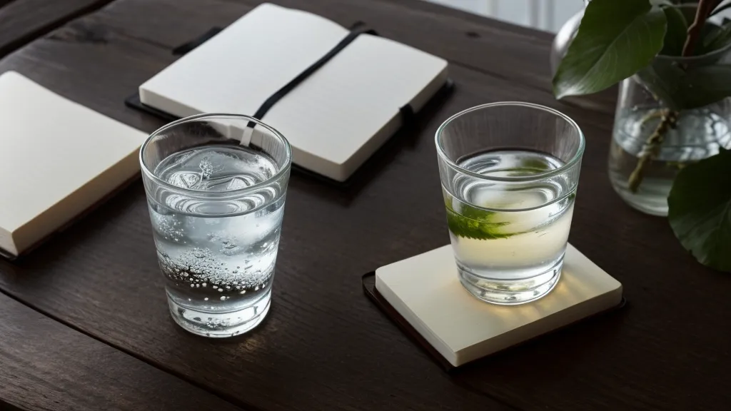 Vaso de agua y libreta sobre mesa de madera con sombras de persiana