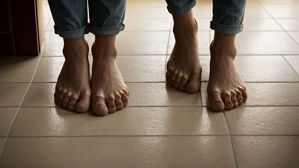 Primer plano de pies descalzos sobre un piso de baldosas frías en una cocina oscura