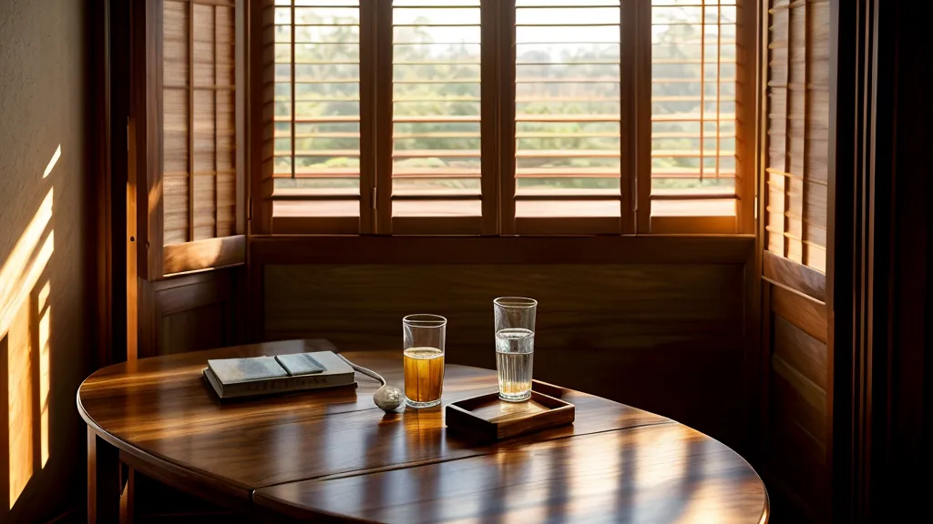 Mesa de madera con un vaso de agua y un cuaderno cerrado bajo luz de tarde