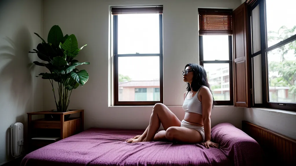 Silueta de mujer con ansiedad relacional respirando hondo frente a una ventana con plantas tropicales.